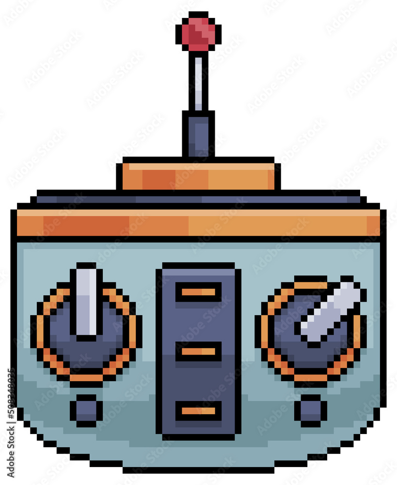 Poster pixel art remote control vector icon for 8bit game on white background