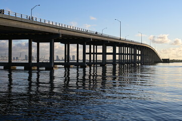 Rickenbacker Causeway bridge between Miami and Virginia Key, Florida in early morning light.