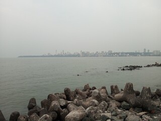 Marine Drive Big Sea With Big Rocks In The Mumbai
