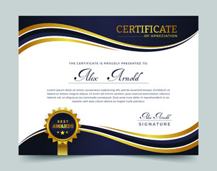 Dark and gold modern certificate of appreciation design. success, award, diploma and graduation template