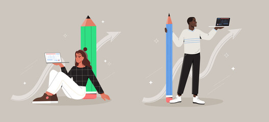 Concept of journalism, copywriting and education. Set of man and woman with pencils and laptops. Creative profession and skill development. Cartoon flat vector collection isolated on gray background