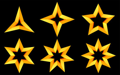 Obraz premium Realistic golden star vector set isolated on white background. Shiny 3D Christmas star icons with various models. Design elements for the holidays.
