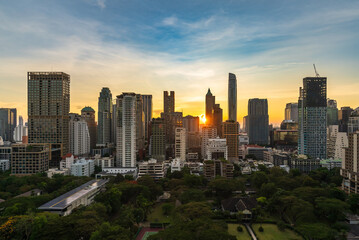 Fototapeta na wymiar buildings cityscape near Witthayu road with sunset in Bangkok city, Thailand