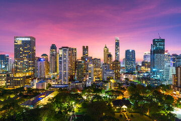 Fototapeta na wymiar buildings cityscape near Witthayu road with sunset at twilight in Bangkok city, Thailand