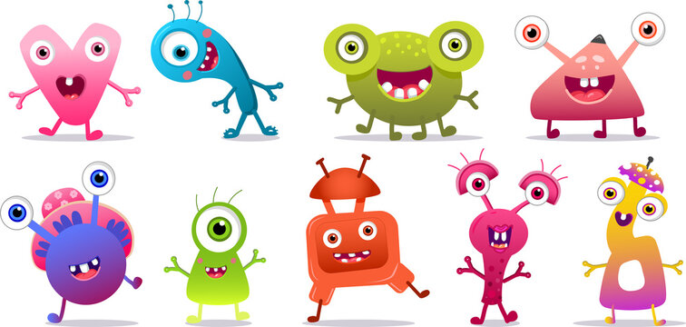 Cute cartoon Monster colorful vector set Eyes tongue tooth fang hands up