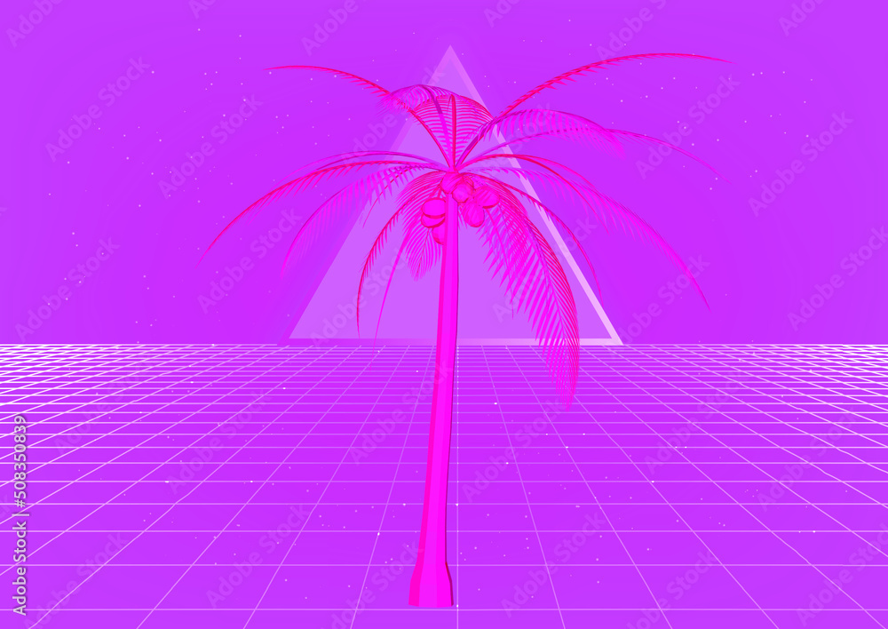 Aufkleber Synthwave style 3D illustration of a cyber landscape with palm trees and laser grid like in old arcade retro games.