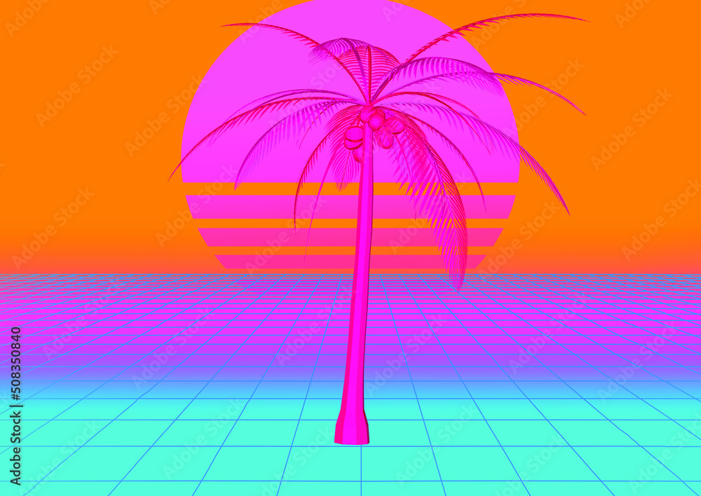 Poster synthwave style 3d illustration of a cyber landscape with palm trees and laser grid like in old arca