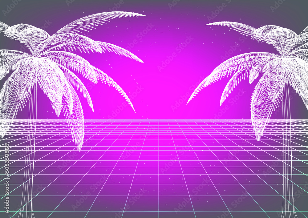 Aufkleber Synthwave style 3D illustration of a cyber landscape with palm trees and laser grid like in old arcade retro games.