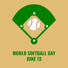 Vector icon of ball and softball field. Softball Day Word Design Concept, suitable for social media post templates, posters, greeting cards, banners, backgrounds, brochures. Vector Illustration
