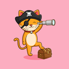 Cute cat cartoon wearing pirate costume. Vector illustration