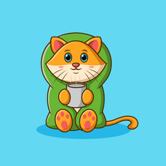 Cartoon cat wearing blanket and warm drink. Vector illustration