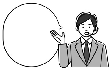 コールセンターの男性と吹き出しのモノクロイラスト