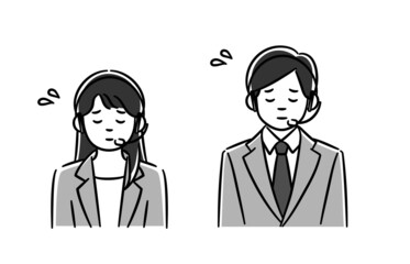 謝罪をするコールセンター男女のモノクロイラストセット