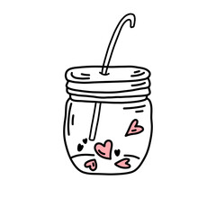 Jar with hearts, doodle sketch. Valentine's Day Icon