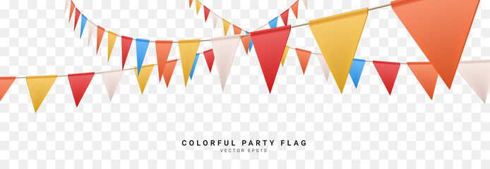 colorful party 3D triangle flag on transparent background. Vector illustration - obrazy, fototapety, plakaty
