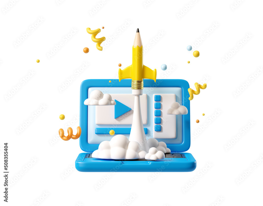 Poster minimal background for online education concept. launching pencil rocket and notebook on white backg