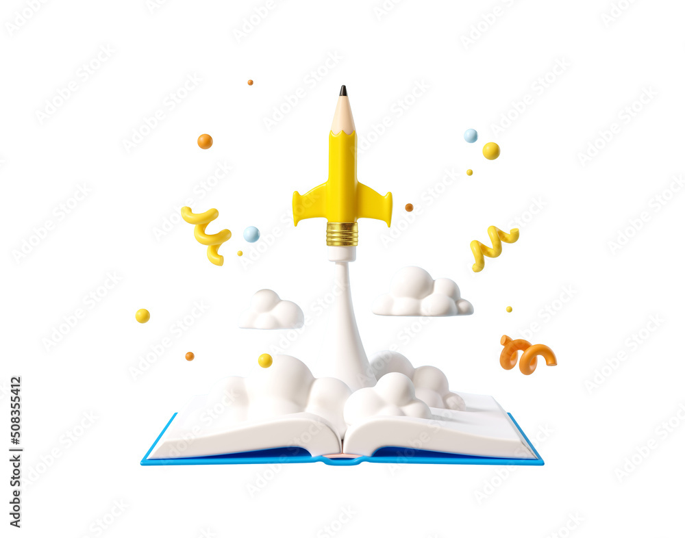 Poster minimal background for online education concept. launching pencil rocket and open book on white back