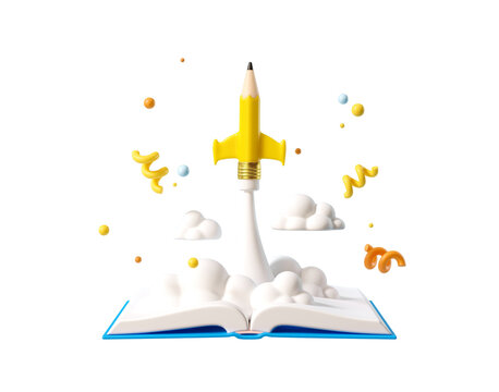 Minimal Background For Online Education Concept. Launching Pencil Rocket And Open Book On White Background. 3d Rendering Illustration. Clipping Path Of Each Element Included.