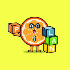 Cute cartoon orange fruit businessman stacking plan box in 3d modern style design