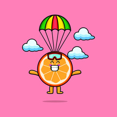 Cute mascot cartoon Orange fruit is skydiving with parachute and happy gesture cute modern style design