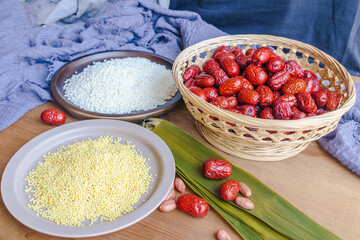 Chinese traditional festival Dragon Boat Festival, Zongzi and ingredients on the table