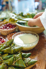 Chinese traditional festival Dragon Boat Festival, Zongzi and ingredients on the table