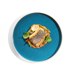 Gourmet dish - salmon with crispy skin with carrots mash. Grilled salmon fillet on carrot espuma. Keto food - baked trout with skin on white background and hard shadow. Menu seafood restaurant.