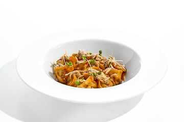 Main course in italian cuisine - meat tortellini with demi-glace sauce and mushroom cream. Beef ravioli on white plate. Tortellini with minced veal in beef sauce. Gourmet cuisine in restaurant menu.