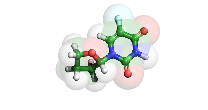Tegafur, anticancer drug, 3D molecule