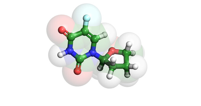 Tegafur, anticancer drug, 3D molecule