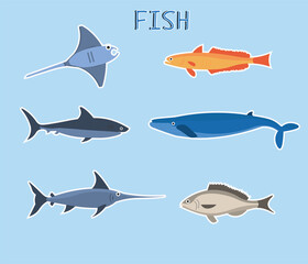 Set of cute underwater fish stickers in flat style. Can be used in textile, paper and background industries.