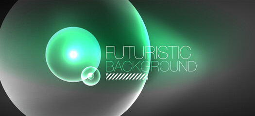 Shiny neon geometric abstract background. Glowing lights on round shapes, triangles and circles. Wallpaper for concept of AI technology, blockchain, communication, 5G, science, business