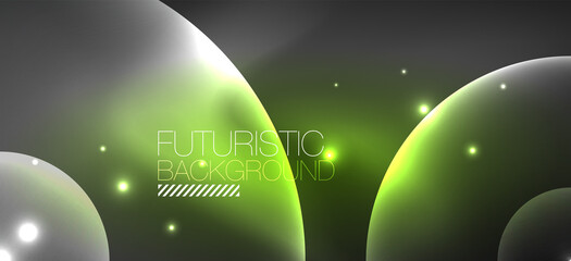 Shiny neon geometric abstract background. Glowing lights on round shapes, triangles and circles. Wallpaper for concept of AI technology, blockchain, communication, 5G, science, business