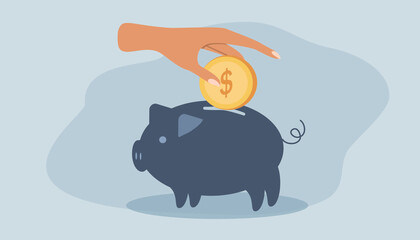 vector illustration in flat style - hand throwing a coin into a piggy bank