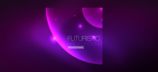 Shiny neon geometric abstract background. Glowing lights on round shapes, triangles and circles. Wallpaper for concept of AI technology, blockchain, communication, 5G, science, business