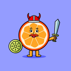 Cute cartoon character Orange fruit viking pirate with hat and holding sword and shield in cute modern style design 