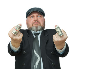A man shows the middle finger on which dollars are rolled up into a tube. Gesture - you will not receive money.
