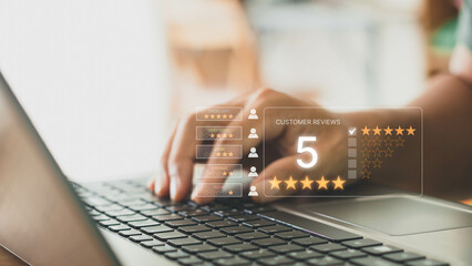 Customer review satisfaction feedback survey concept, User give good rating by five star to service experience on online application, Customer service evaluation to reputation ranking of business.