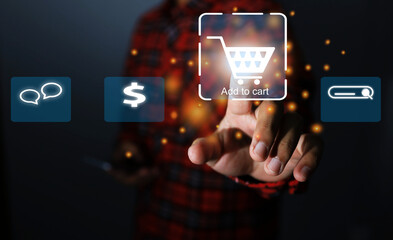 hand reach out to touch or click the shopping cart icon indicates online shopping spending via digital wallets or mobile banking through various online marketing systems and technology platforms. - obrazy, fototapety, plakaty