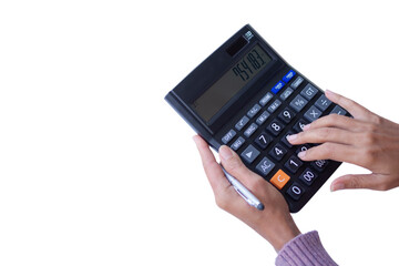 Hand woman with sweater use calculator isolated on white background. business or finance concept.