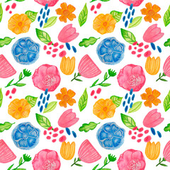 Summer floral pattern .Buds and decor of pastel flowers in a mixed technique on a white background . Design for printing , textiles , packaging paper .