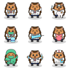 Vector Illustration of Cute Hedgehog with Doctor costume. Set of cute little Hedgehog characters. Collection of funny Hedgehog isolated on a white background.