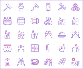 Simple Set of wine Related Vector Line Icons. Contains such Icons as drink, glass, alcohol, bottle, grape, leaf, barrel, vineyard linear symbols and more.