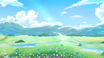 Poster bloemenveld met berg en weide in het voorjaar heldere blauwe lucht met wolk © SecretCanvas