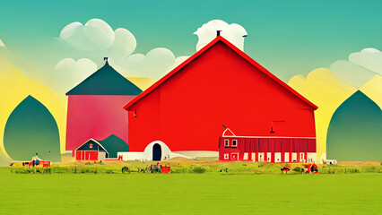red barn in the field digital illustration colorful and fun