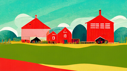 red barns in the countryside field blue sky digital illustration colorful and fun