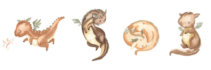 Watercolor dragons illustration for kids