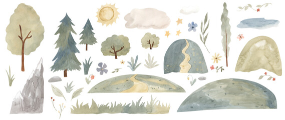 Watercolor landscape elements, mountain, forest, sun. Illustration for kids
