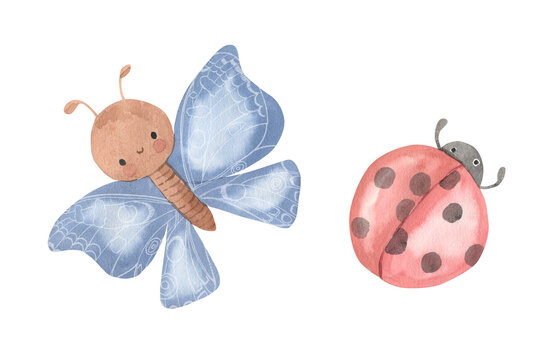 Watercolor butterfly and ladybug. Insects illustration for kids
