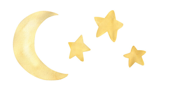 Watercolor moon and stars. Weather illustration for kids